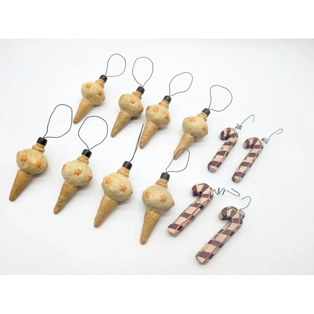 13 Lot Primitive Wood Candy Cane & Bauble Christmas Ornaments Rustic Farmhouse